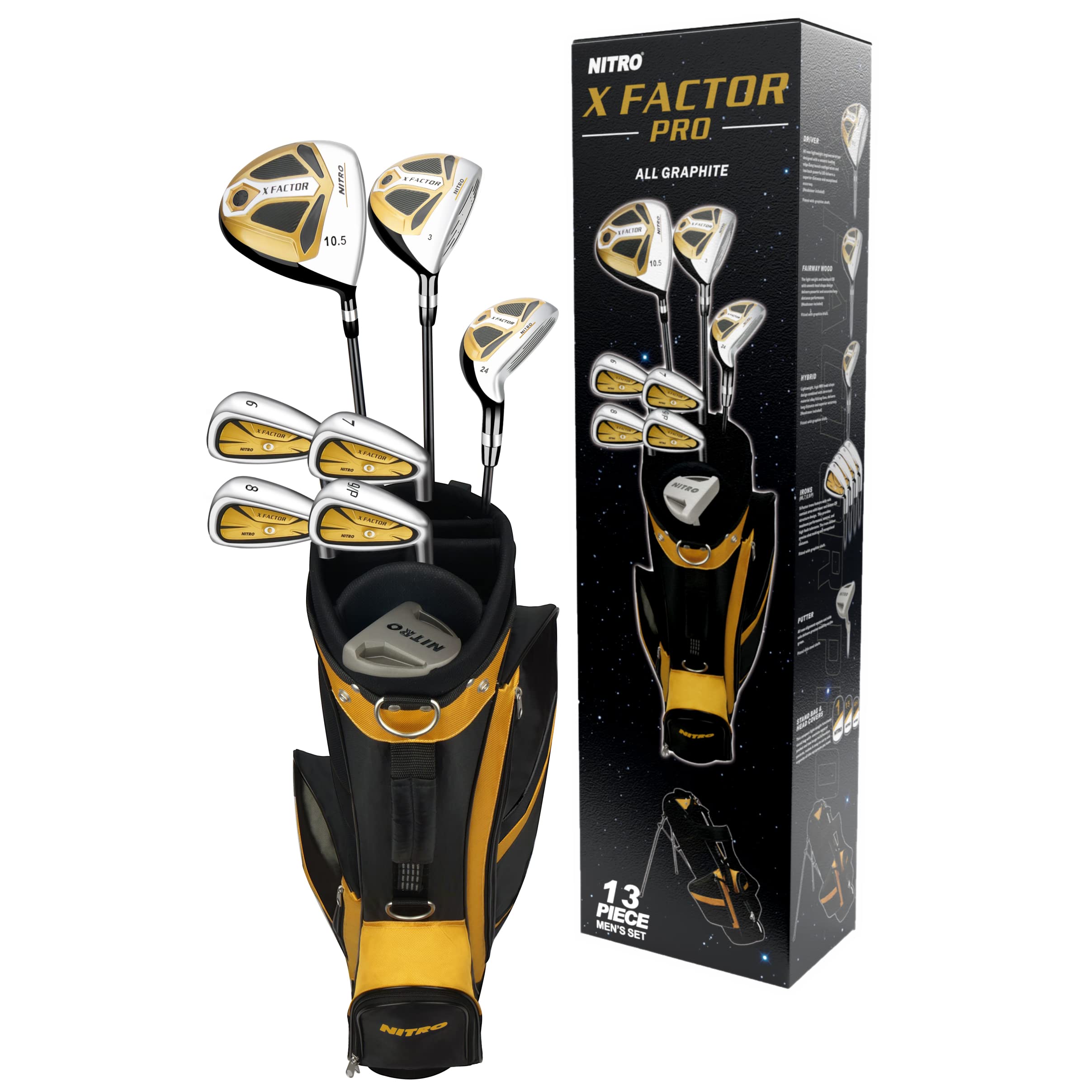 Nitro X Factor 13 Piece Golf Set All Graphite Men's, Left Handed, Gold/Silver