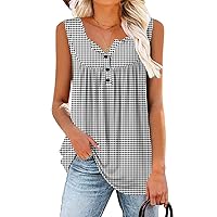 BETTE BOUTIK Women's Plus Size Loose Fit Henley Neck Tank Top - Sleeveless, Plaid, XL (2-SmallPlaid)