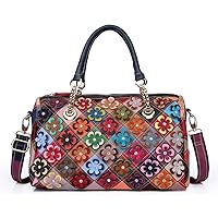 Women’s Multicolor Floral Boston Bag Genuine Leather Splicing Hobo Shoulder Bags