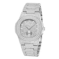 PINTIME Men's Hip Hop Icey Watch Oblong Iced Out Sub Dial Wrist Watch CZ Crystal Fashion Bling Jewelry Watch Unisex
