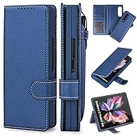 ONNAT-Leather Wallet Case for Samsung Galaxy Z Fold 3 with S Pen Holder, Magnetic Closure TPU Phone Case (Blue)