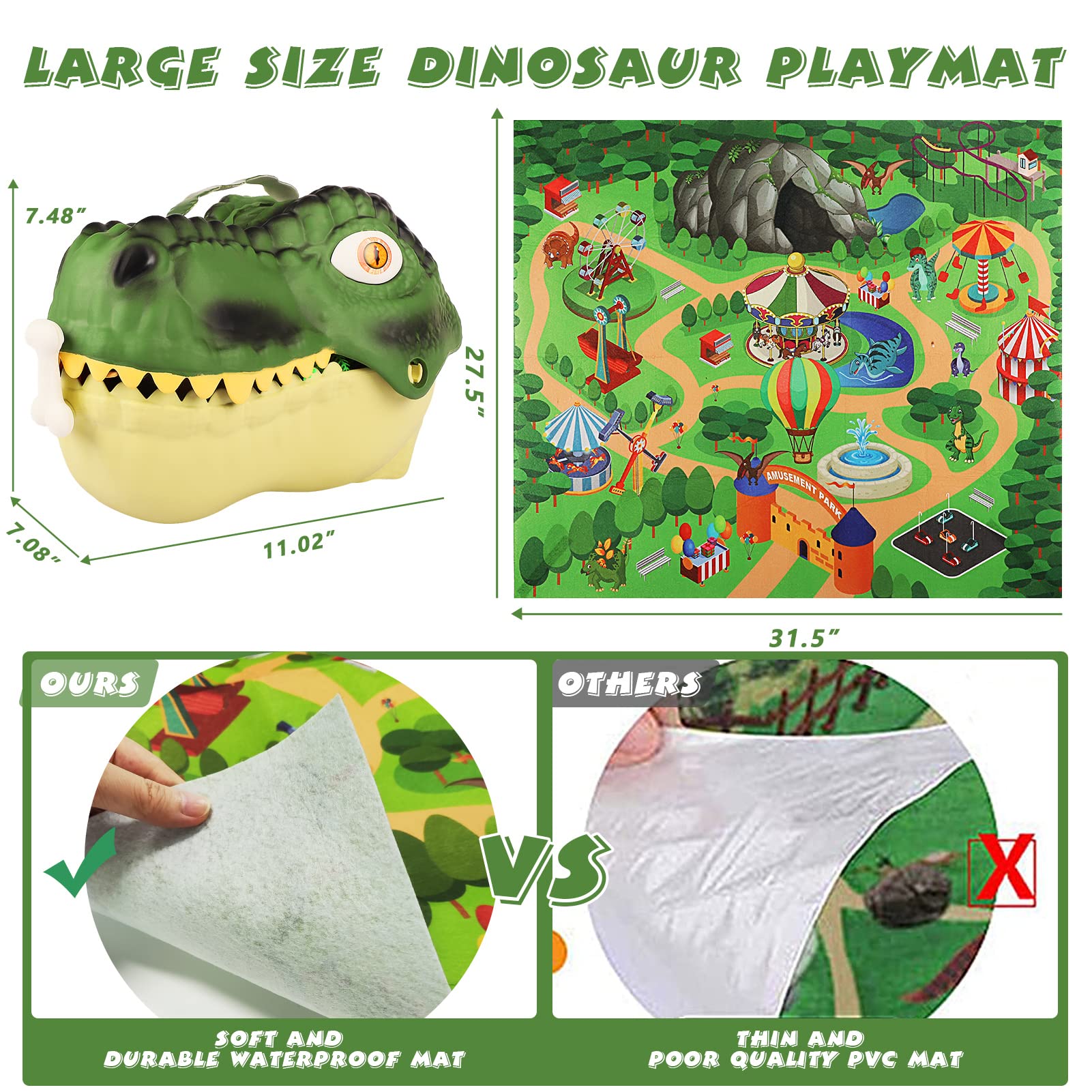 burgkidz Dinosaur Toys Figure Playset with Activity Playmat, 20 Realistic Dinosaur Figures Trees Rocks Volcano with T-Rex Head Storage Box, Dino Figure Toy Gift Kit for Kids Boys 3-5