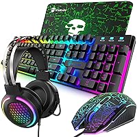 Wired Gaming Keyboard and Mouse Combo with Gaming Mouse Pad and Headset,4 in 1 Gaming Set 100% Full Size LED RGB Light up Ergonomic Gaming Bundle for Teclado Gamer/Computer PC Game/PS4/PS5/XBox Black