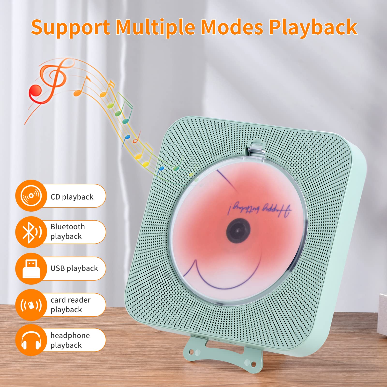 Yintiny Cute Green CD Player with Bluetooth 5.0, Rechargeable Music Player for Home Decor, Portable Lovely Music Player, Remote Control, Support AUX in Cable&USB, Kpop Music Album