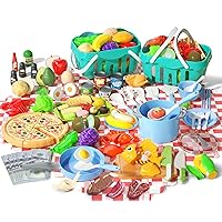 150Pcs Kitchen Playset, Toddlers Pretend Cooking Cookware Accessories, Food, Picnic Blanket, Fruits, Veges, 2Pack Shopping Storage Basket, Dessert and Prop Money, Gift for Kids (Blue)