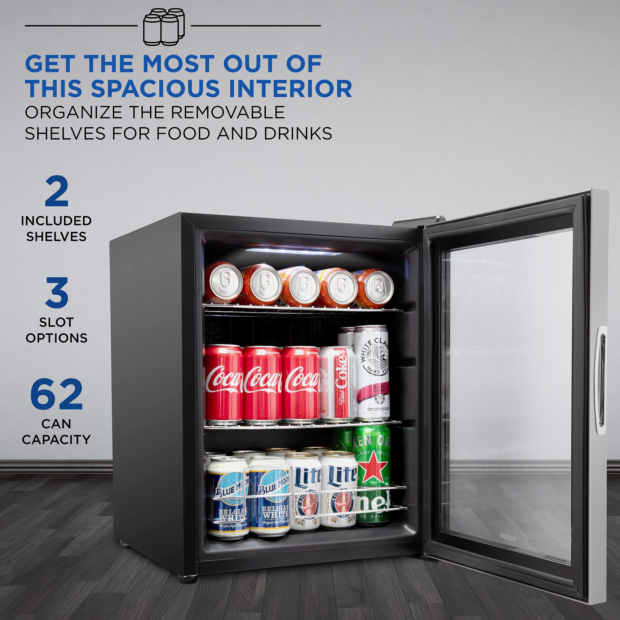 Ivation 62 Can Beverage Refrigerator | Freestanding Ultra Cool Mini Drink Fridge | Beer, Cocktails, Soda, Juice Cooler for Home & Office | Reversible Glass Door & Adjustable Shelving - Stainless Steel