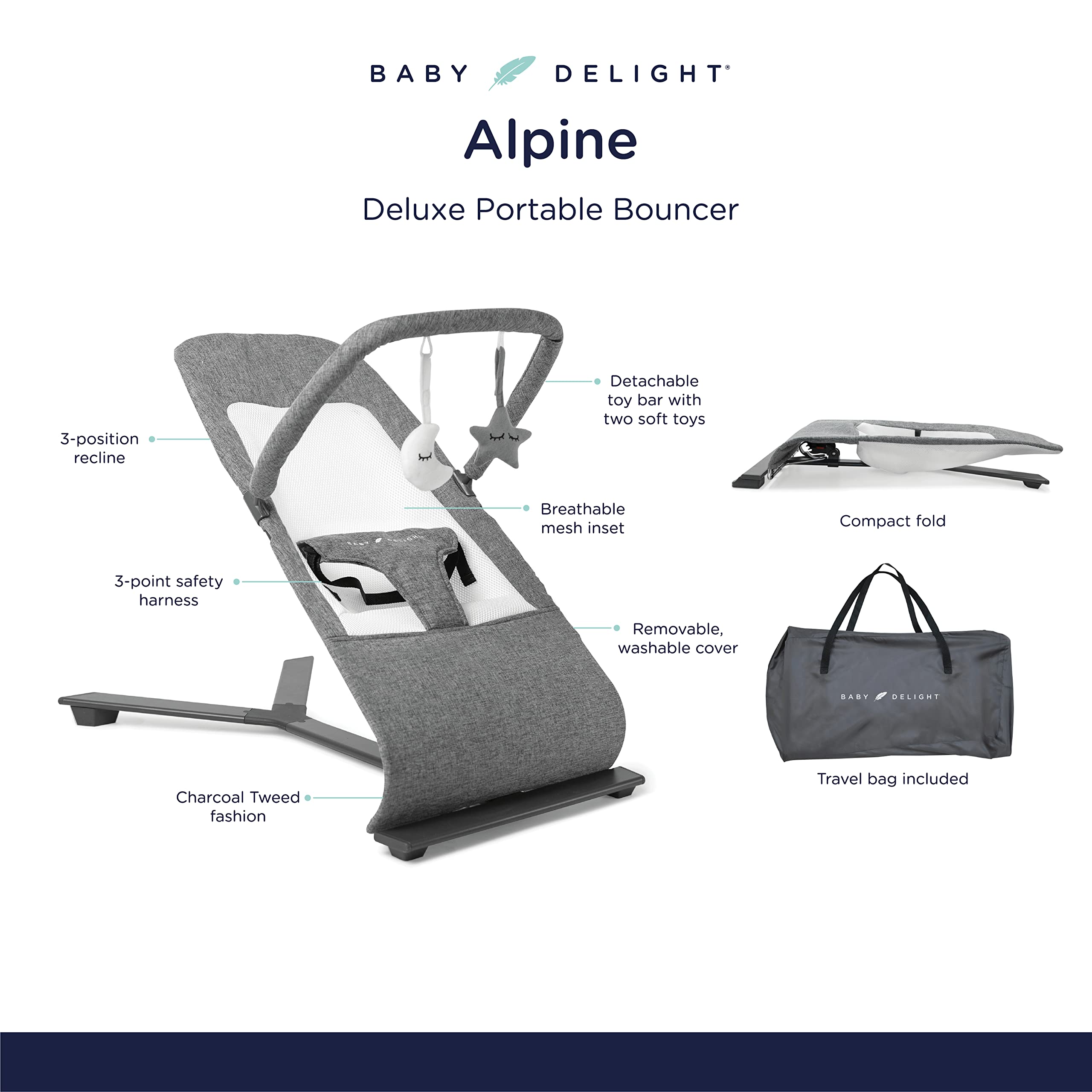 Baby Delight Alpine Deluxe Portable Bouncer | Infant | 0 – 6 months | Charcoal Tweed