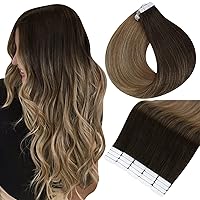 Full Shine Human Hair Tape in Extensions 22 Inch Tape in Hair Extensions Human Hair Darkest Brown 2 Fading to 6 Light Brown Highlight 18 Ash Blonde Extensions Real Hair Ombre 20 Pcs 50 Grams
