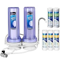 2 Stage Countertop Drinking Water Filtration System Removes Chlorine, Transparent Housing and Yearly Supply (2 extra) CTO & (3 extra) PP Sediment Cartridges 5 Micron, Meets NSF Standards & Regulations