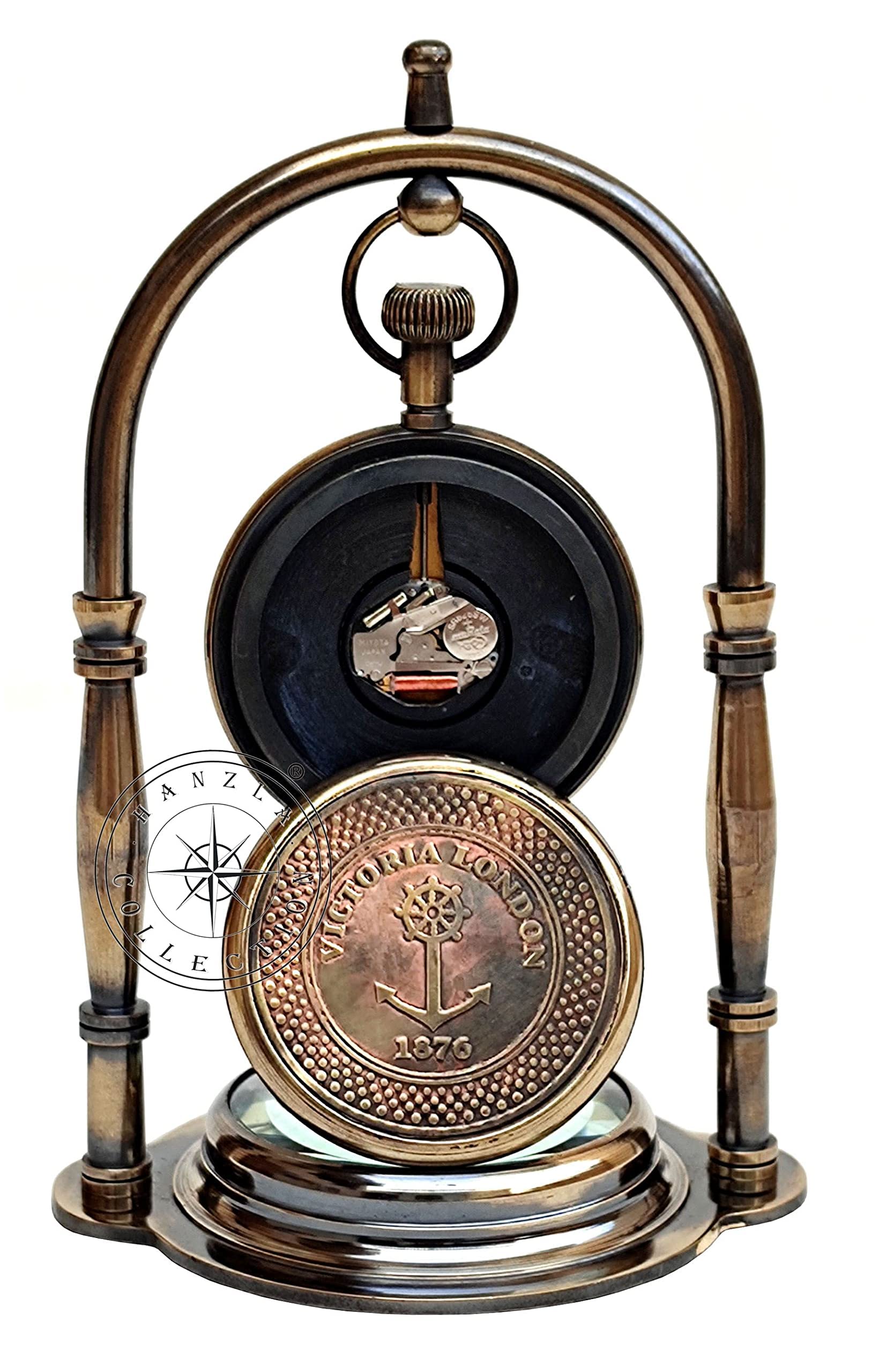 Hanzla Collection Maritime Compass Base Nautical Table Clock Antique Brass Hanging Desk Clock Victoria London Pocket Watch