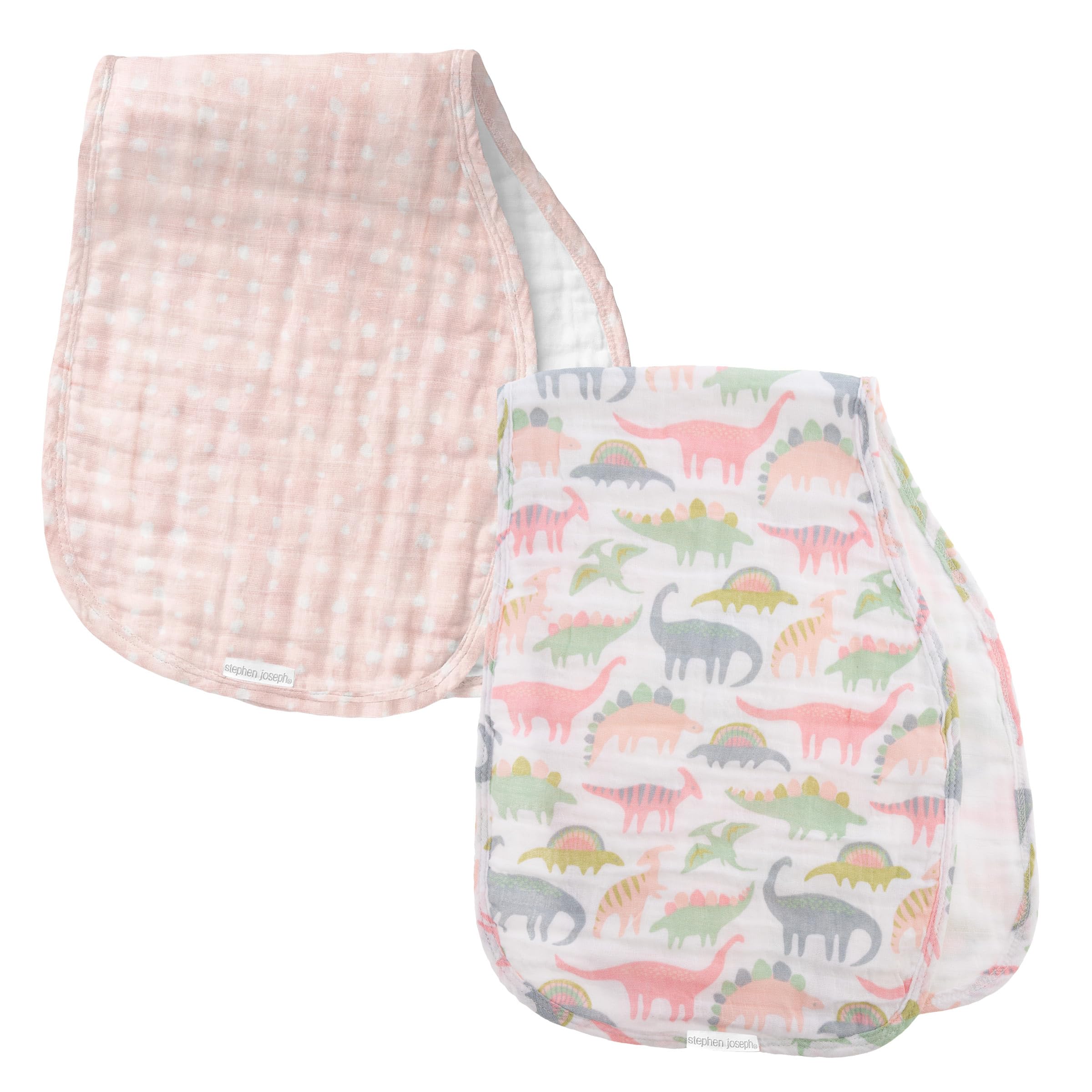 Stephen Joseph, Muslin Baby Burp Cloths, 2-Pack 100% Cotton,Burp Cloth for Baby Boys and Girls, Pink Dino