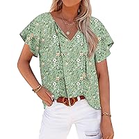 Anydoll Womens 2024 Summer Tunic Tops Casual Short Sleeve Blouses V Neck Dressy Chiffon Boho Tshirts