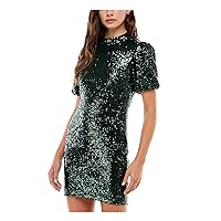 Speechless Womens Green Stretch Zippered Sequined Cutout-Back Lined Pouf Sleeve Mock Neck Mini Party Body Con Dress Juniors 1