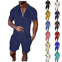 Mens Short Sets 2 Piece Outfits Short Sleeve Zipper Polo Shirts and Shorts Sets Classic Gym Workout Summer Tracksuits