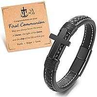 Cross Leather Bracelet for Teen Boys/Son/Grandson, Cool Things Stuff Easter Communion Christmas Birthday Gifts for Boys Men