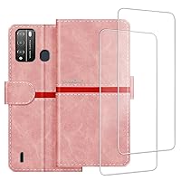 Phone Case Compatible with Tecno Pop 5X + [2 Pack] Screen Protector Glass Film, Premium Leather Magnetic Protective Case Cover for Tecno Pop 5X (6.52 inches) Pink