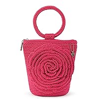 The Sak Ayla Ring Handle Pouch in Crochet, Detachable Ring Handle, Magenta Flower