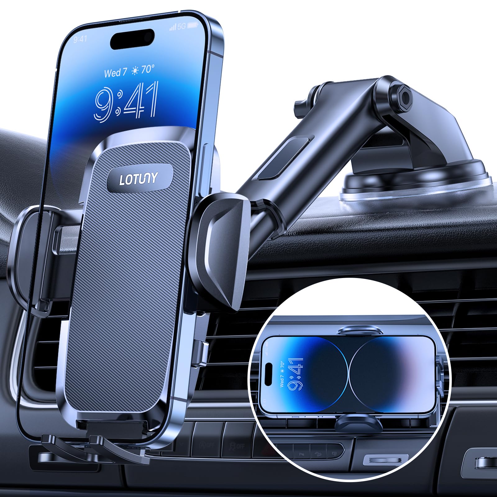 LOTUNY Universal Phone Mount for Car, [Powerful Suction] Hands-Free Cell Phone Holder Car, Phone Holder for Car Dashboard Windshield Air Vent, Compatible with iPhone 14 13 12 11 Pro Max All Phones