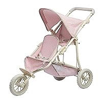 Olivia's Little World Double Jogging-Style Stroller for Baby Dolls and Stuffed Animals with Tandem Seating, Retractable Canopy, Storage Basket, All-Terrain Wheels, Cream, Pink and Gray Polka Dots