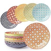 Ceramic Pasta Bowls, 8 Inch Shallow Salad Bowls, Colorful Serving Bowl Plate Set for Pasta, Salad, Soup, Set of 6