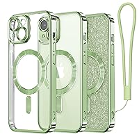 Meifigno Candy Mag Series Case Designed for iPhone 15, [Compatible with MagSafe] [Wrist Strap & glitter card] Full Camera Lens Protection Case Designed for iPhone 15 6.1'' for Women Girls, Grass Green