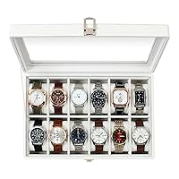 GUKA Watch Box, 12 Slot Watch Case with Large Real Glass Lid, Watch Organizer with Removable Watch Pillow, White Synthetic Leather Watch Display, White
