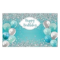 Allenjoy Turquoise Blue and Silver Birthday Backdrop for Women Girl Teal Happy Sweet 16th 15th 21st Shiny Diamonds Balloons Party Supplies Decorations Banner Photo Booth Props Background