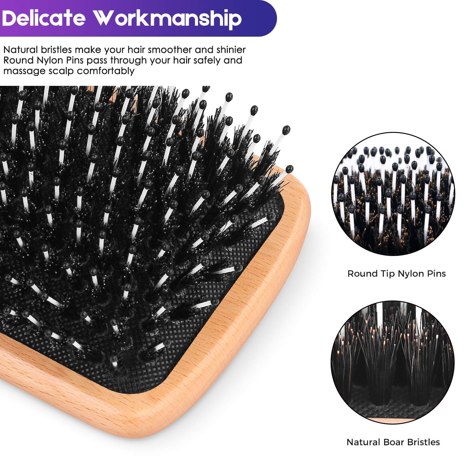 Bsisme Hair Brush-Boar Bristle Hairbrush with Detangling Pins Wooden Paddle Detangler Hairbrush for Women Men Reduce Frizz Dry Restore Natural Shine