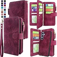 Harryshell Detachable Magnetic Zipper Wallet Leather Case with Cash Coin Pocket 12 Card Slots Holder Wrist Strap Lanyard for Samsung Galaxy S24 Plus 5G 6.7 inch (2024) (Flower Wine Red)