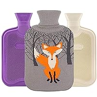HomeTop Classic 2 Rubber Hot Water Bottles with Knit Fox Cover, Great for Pain Relief, Hot and Cold Therapy (2 Liters, Purple and White)