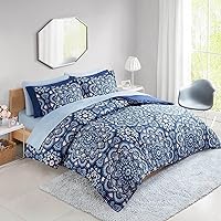 Comfort Spaces Girls Bed in A Bag Floral Comforter Set College Dorm Room Essentials, Complete Dormitory Bedroom Pack And Sheet with 2 Side Pocket Includes Extra Pillowcase Sets, Full, Medallion Blue