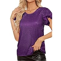 GRACE KARIN Women's Sparkly Sequin Tops Short Sleeve Glitter Dressy Blouses Round Neck Party Club Ruffle Sequins Shirts