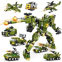 Robot Building Block Set 8 in 1 Transforming Military Robot Building Toys with Armor Vehicle, Combat Aircraft, Educational Leaning Roleplay Best Idea Gift for Kids, Boys Ages 6+