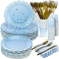 336 Pcs Paper Plates Napkins Party Supply Disposable Dinnerware Set Scalloped Plates Cups Napkins with Plastic Forks Knives Spoons for 48 Guests Birthday Wedding Party(Gradient Blue, Classic)