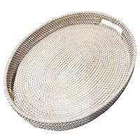 17 Inch White Oval Rattan Extra Large Rattan Severing Tray Platter with Handle for Fruit,Breakfast,Drinks,Natural Wicker Woven Serving Basket Ottoman Tray for Coffee Table
