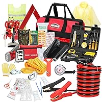 Car Roadside Emergency Kit with Jumper Cables, Auto Road Side Safety Kit for Vehicles - with Premium Carry Bag, Repair Tool Set, Folding Shovel, First Aid Kit, for Men, Women, Teenagers