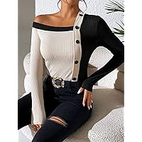Women's Tops Sexy Tops for Women Shirts Two Tone Asymmetrical Neck Button Detail Tee Shirts (Color : Black, Size : Large)