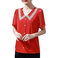 Women's Knit Button Tops Fashion Solid Color V-Neck Semi Sheer Short Sleeve Patchwork Blouses Elegant Loose Work Shirt