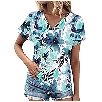 2024 Summer Tops for Women Sexy Buttons V Neck Plus Size Blouses Workout Short Sleeve T Shirts Floral Print Loose Fit Shirts
