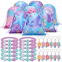 32 Pcs Mermaid Party Favors Birthday Supplies Mermaid Tail Candy Bags Mermaid Rings Bracelets Keychain Pinata Gift Bag Fillers for Kids Boy Girl Mermaid Party Supplies