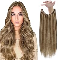 Human Hair Extensions Wire Hair Balayage Warm Brown Highlighted Honey Blonde 70g Hair Extensions Straight Wire Extensions Hairpiece with Transparent Fish Line 14 Inch