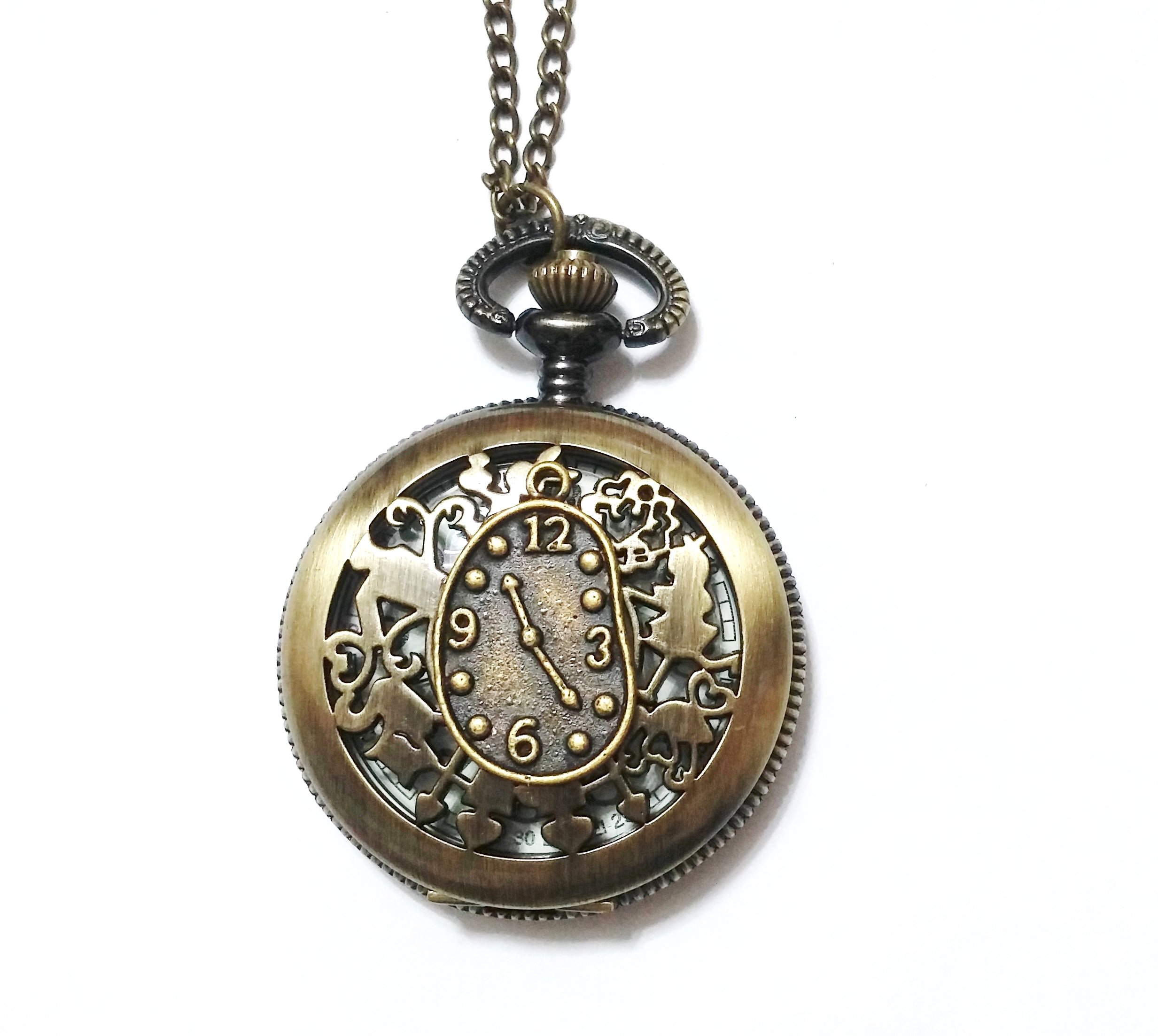 Alice in Wonderland Pocket Watch Necklace - Vintage Style Alice Backwards Clock Pendant - Steampunk Brass White Rabbit Charm Pocket Watch