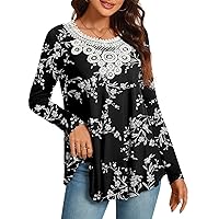 CATHY Women Tunic Tops Long Sleeve Fall Casual Fashion Crochet Lace T-shirt Pleated Fit Blouses