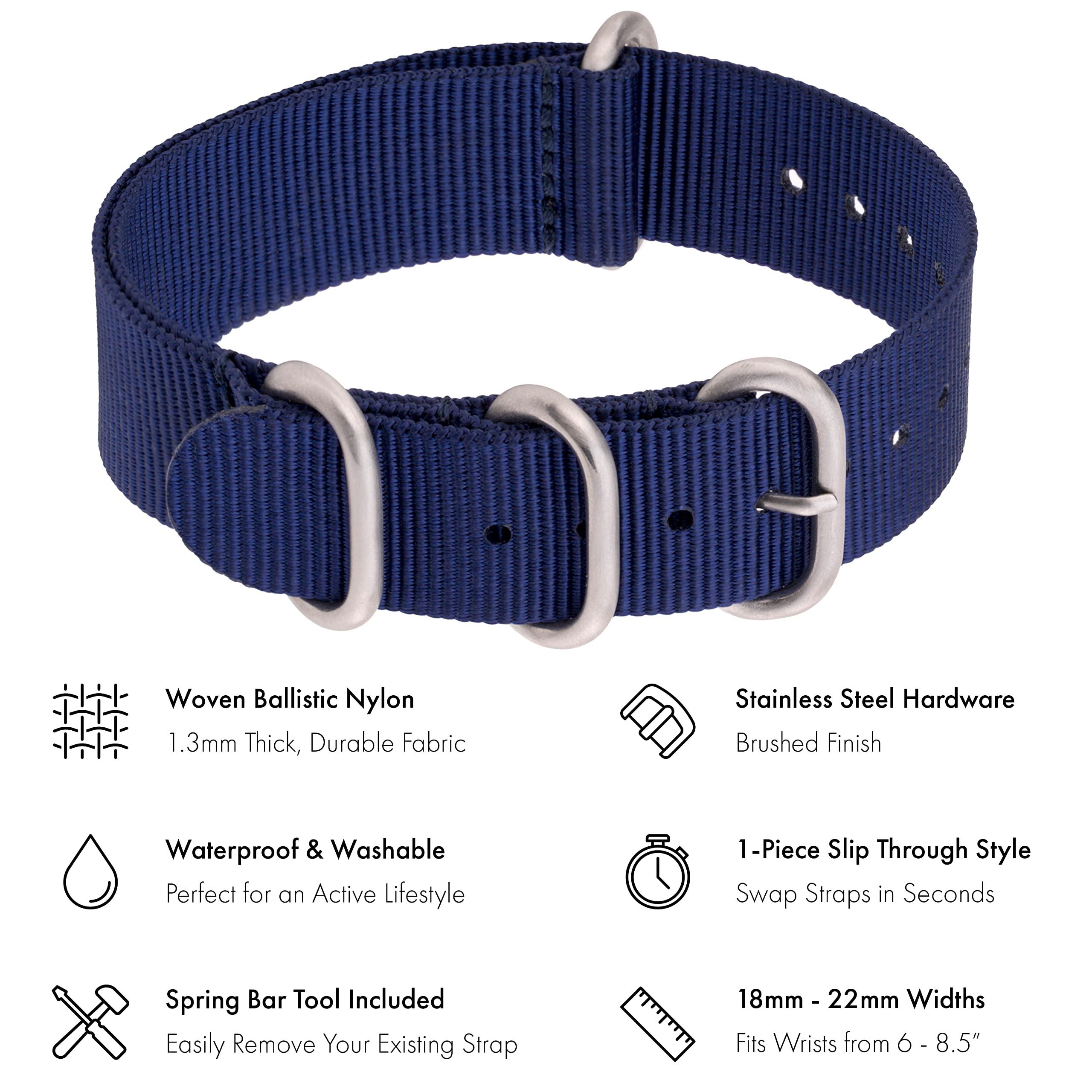 Benchmark Nylon Watch Band - One Piece Waterproof Ballistic Nylon - Slip Through Military Style Zulu Watch Strap for Men & Women - Choice of Color & Width - 18mm, 20mm or 22mm