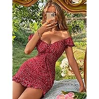 Dresses for Women - Polka Dot Lace Up Front Off Shoulder Ruffle Hem Bodycon Dress (Color : Burgundy, Size : Small)