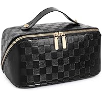 Travel Makeup Bag,Large Opening Portable Makeup Bag Opens Flat for Easy Access, Toiletry Bag,PU Leather Makeup Bag,Cosmetic Organizer for Women(Grid-Black)