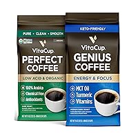 Perfect Low Acid Ground Coffee,11 oz & Genius Keto Ground Coffee, 11 oz Bundle | Infused with Superfoods (MCT Oil, Turmeric, Vitamins) for Energy & Focus