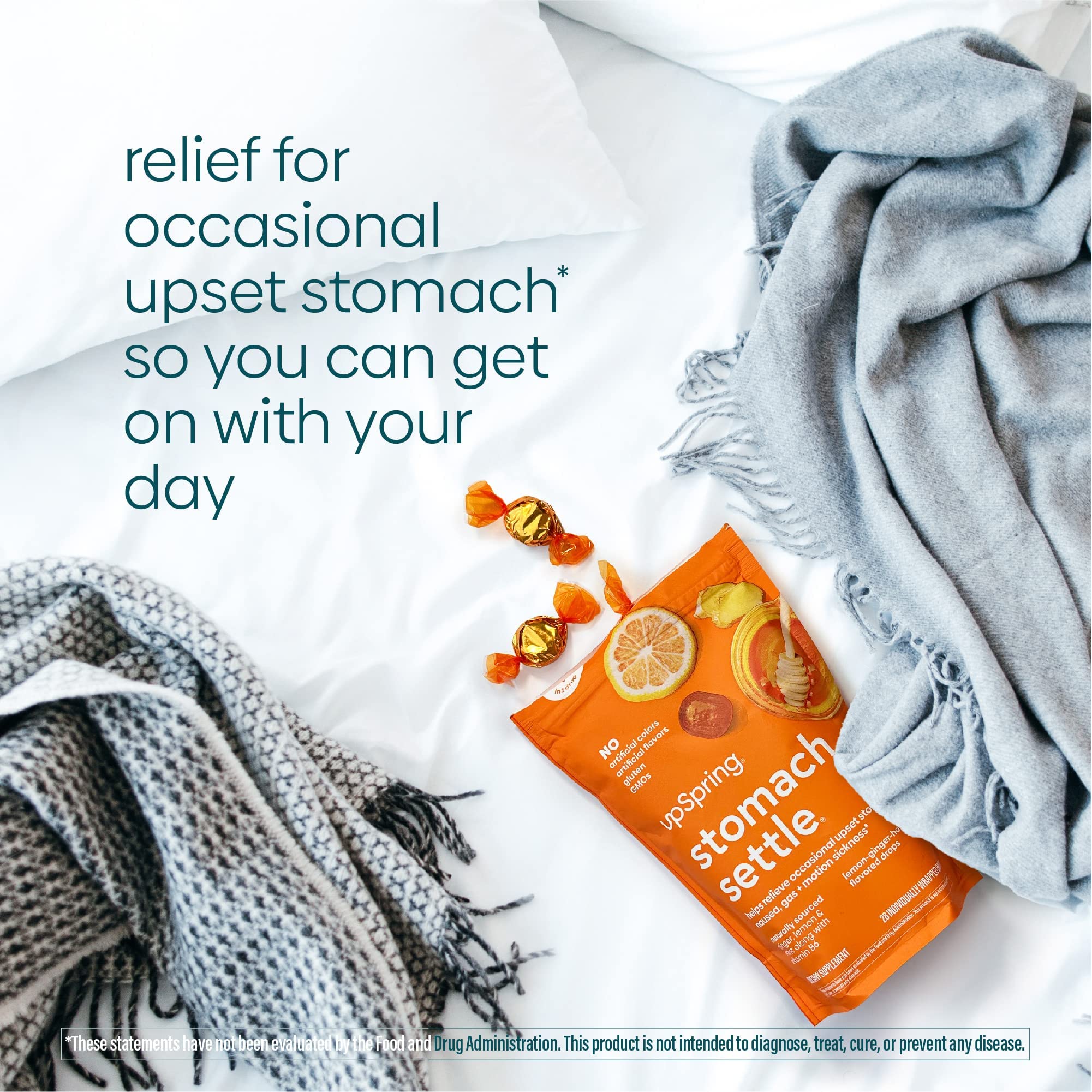 UpSpring Stomach Settle Drops for Occasional Nausea Relief and Morning Sickness with Ginger, Lemon, Spearmint, and B6. Individually Wrapped Drops, 55 Ct(Packaging May Vary)