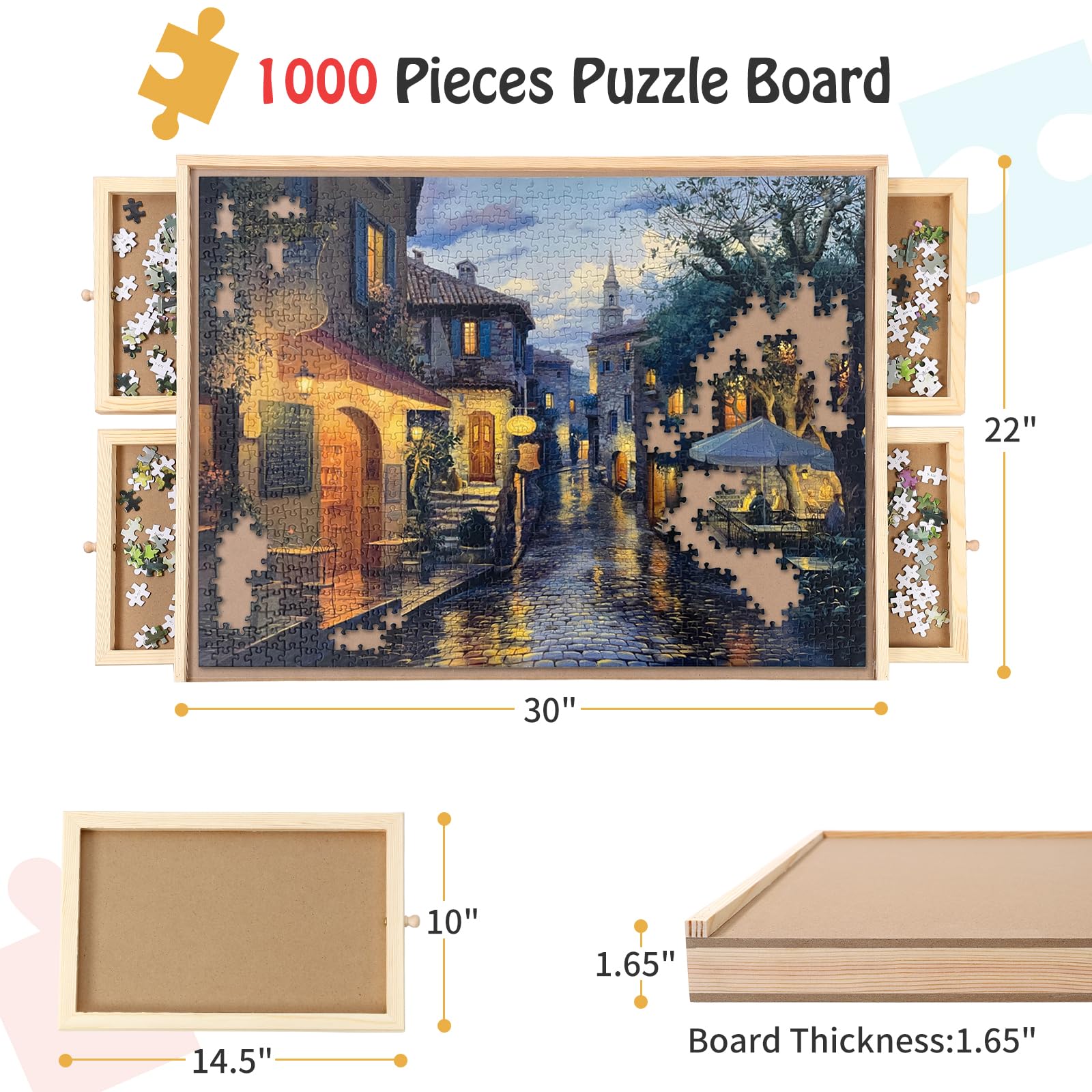 Wooden Rotating Puzzle Board with 4 Magnetic Sorting Drawers & Protective Cover,1000 Pieces Jigsaw Puzzle Table for Adults and Kids,22