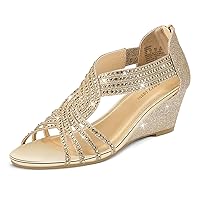 PIZZ ANNU Women's Diana Low Wedge Sandals Sparkly Rhinestone Open Toe Fashion Dress Shoes for Woman Lady in Bridal Dance Evening